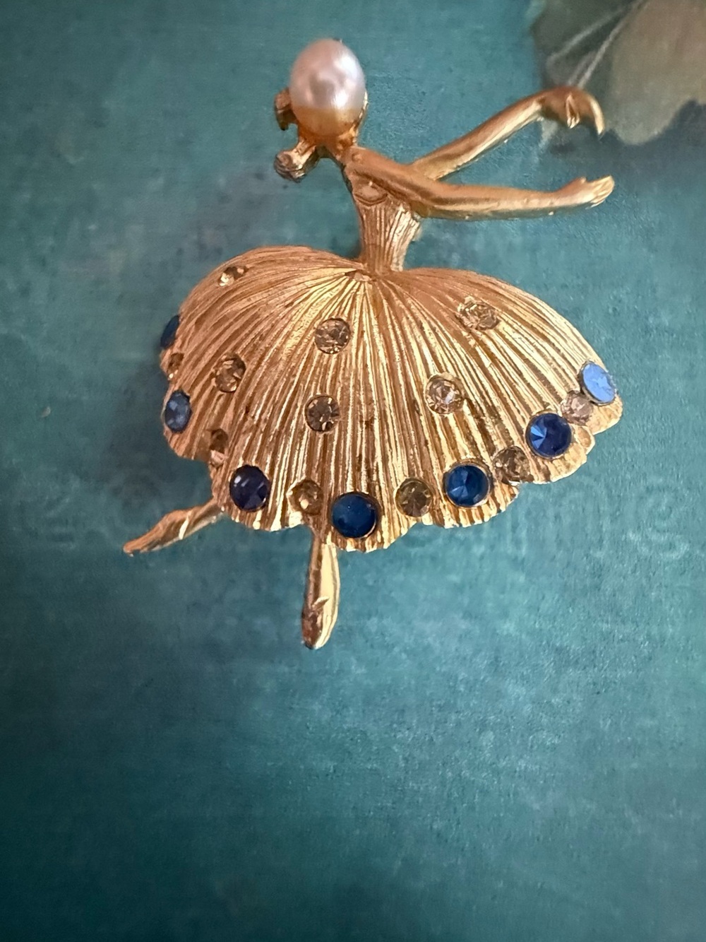 Gold Ballerina Brooch with Blue and Clear Crystals
